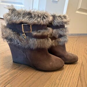 Thalia Sodi Grey Faux Fur Wedge Ankle Boots